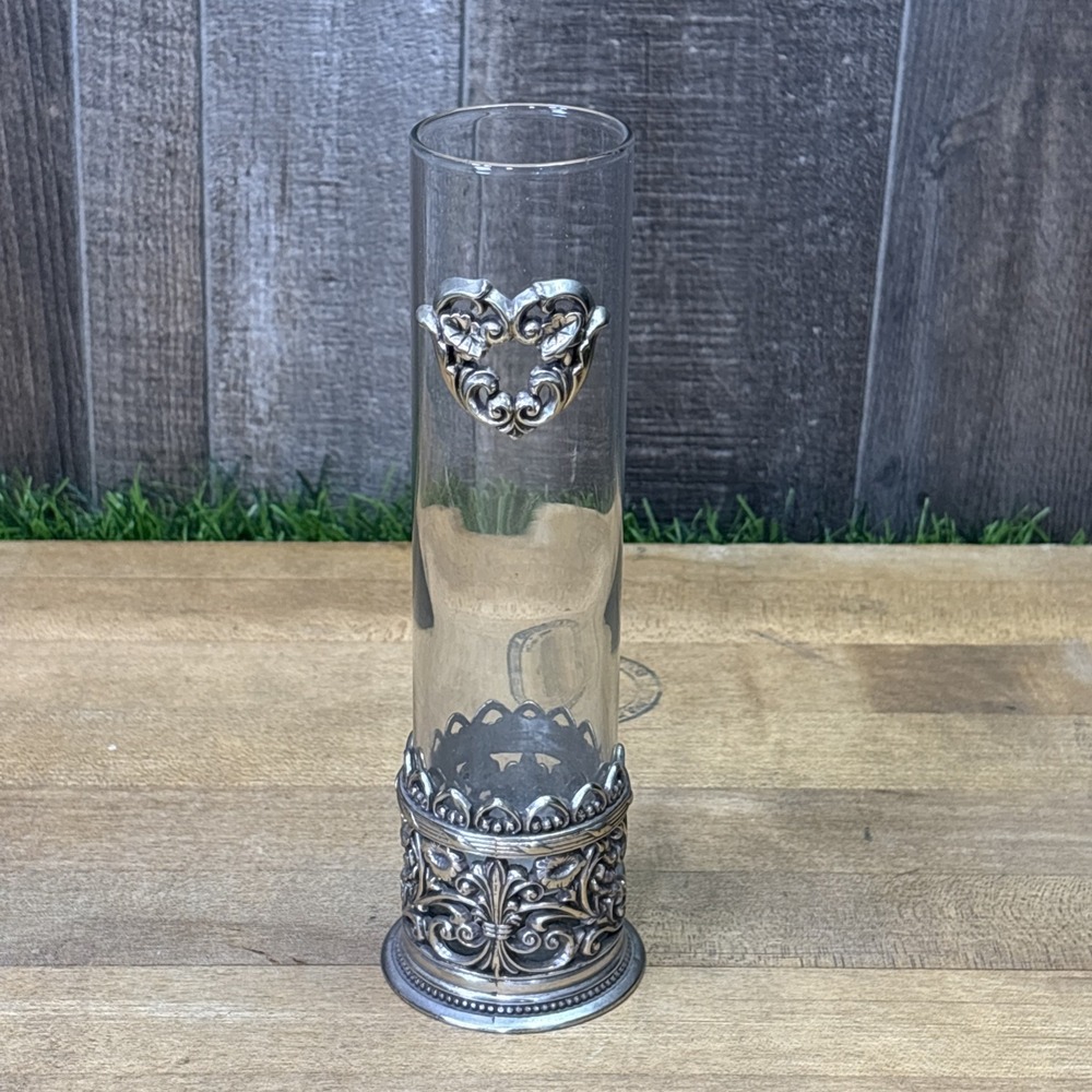 Vintage Brighton Silver Plate Clear Glass Bud Vase Filigree Heart Scrollwork